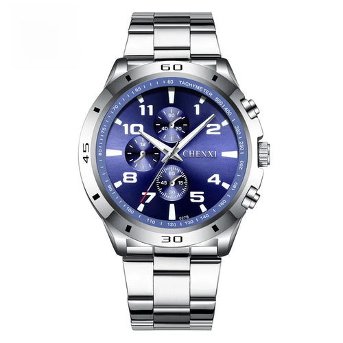 Mens Waterproof Quartz Watch silver and blue dial