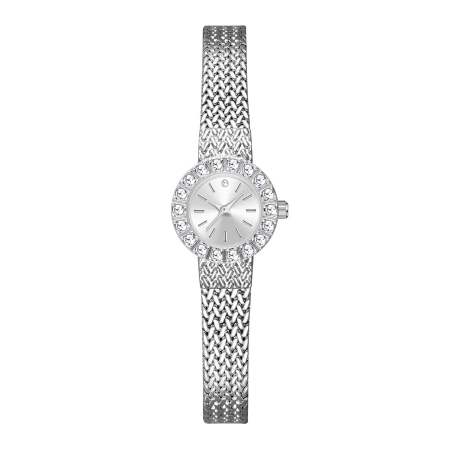 womens silver bracelet wrist watch with round white clock face with diamonds