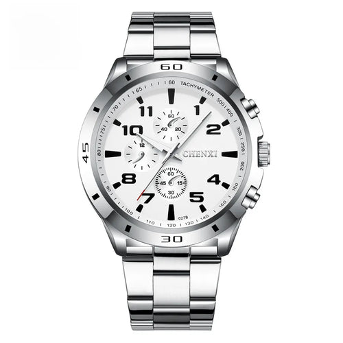 Mens Waterproof Quartz Watch silver and white dial